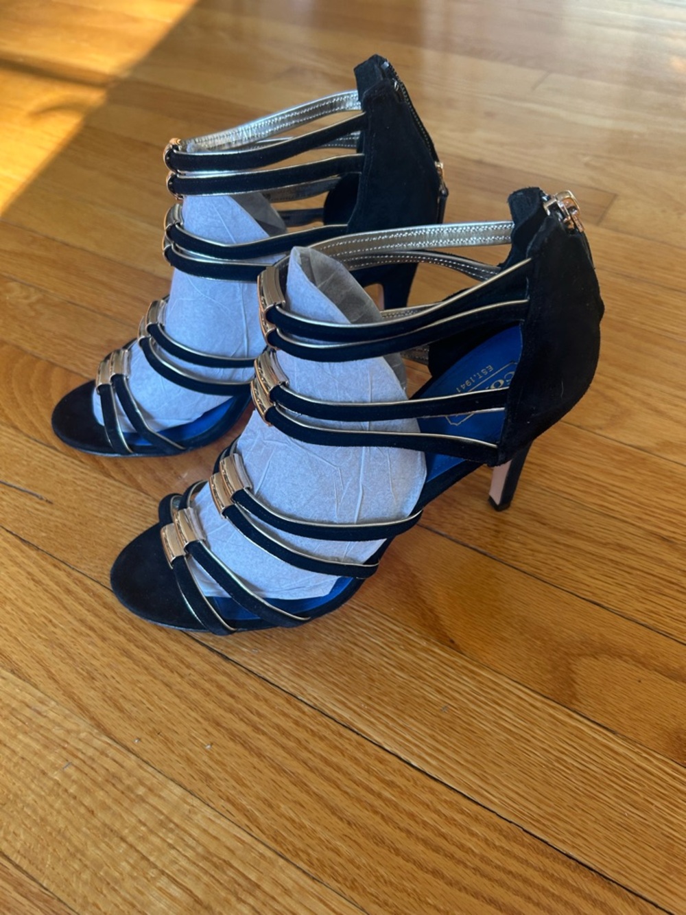 Coach Black Strappy Heeled Sandals with Gold Accents Size 9.5 - Picture 2 of 7